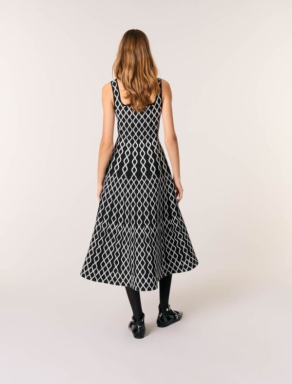 Maje Robe Midi En Maille Jacquard Noir / Blanc