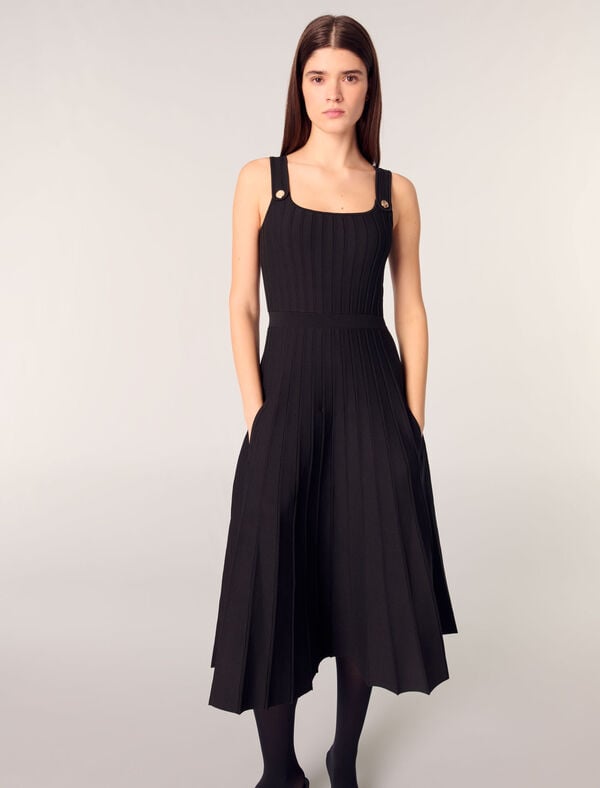 Maje Robe Midi En Maille Plissée Noir