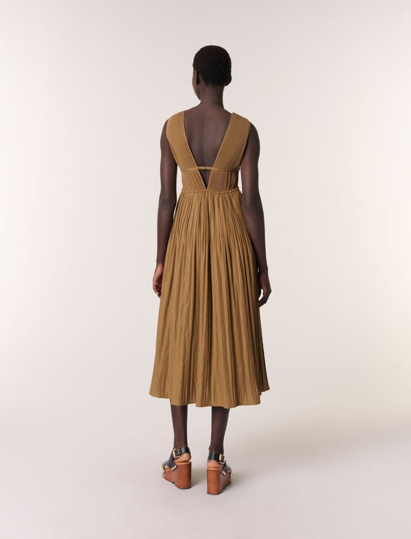 Maje Robe Plissée Et Décolleté Bijoux Kaki