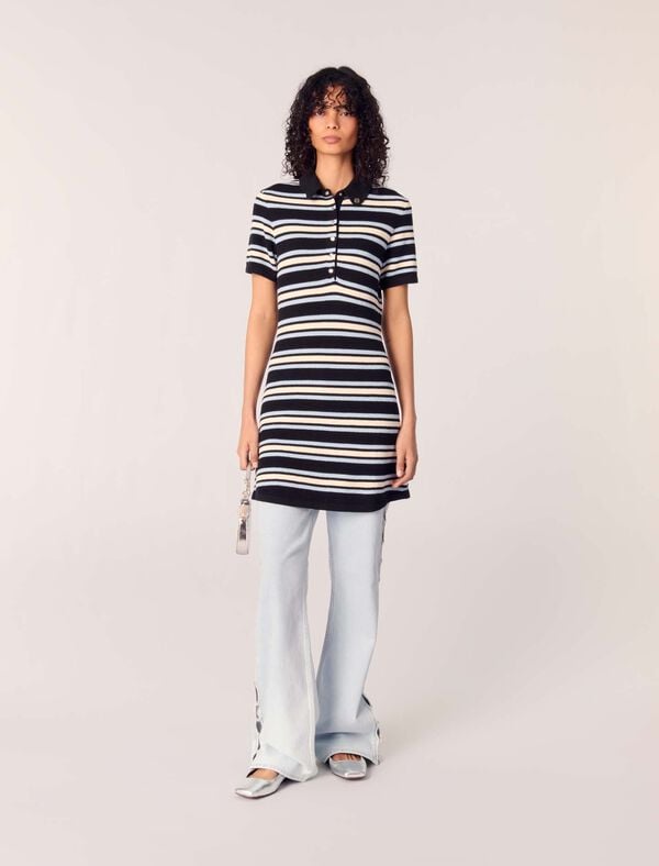 Maje Robe Polo En Maille à Rayures Rayures Marine