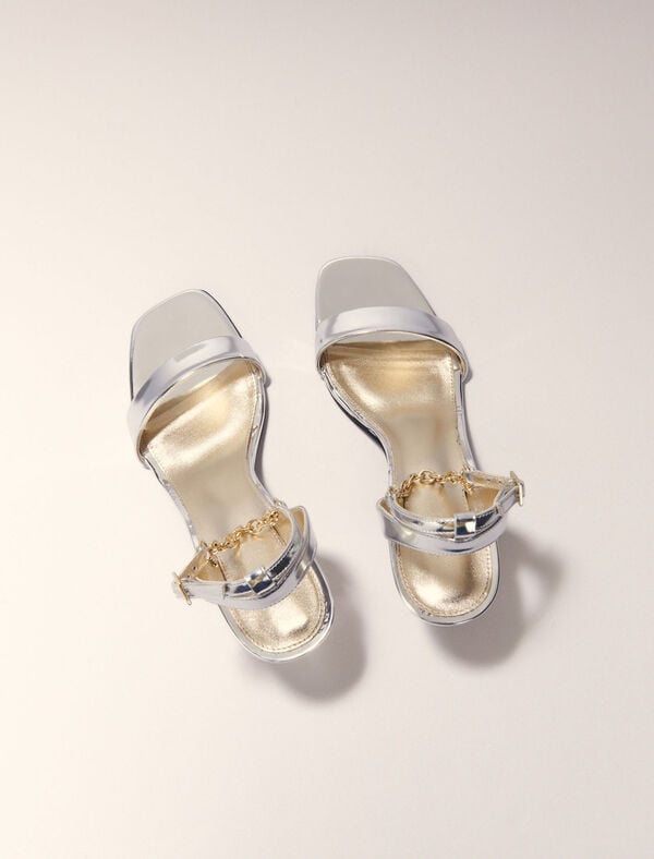 Maje Sandales à Talon En Cuir Miroir Argent