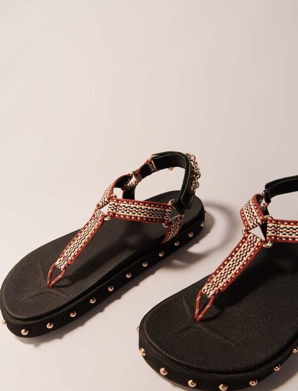 Maje Sandales Plates Corde Et Cuir Noir