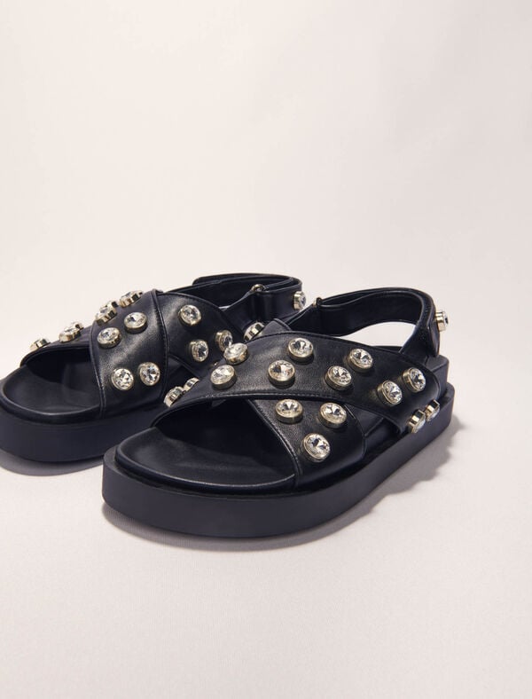 Maje Sandales Plates En Cuir Et Strass Noir