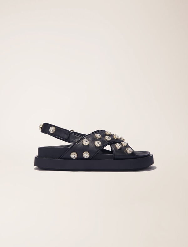 maje Sandales plates en cuir et strass Noir