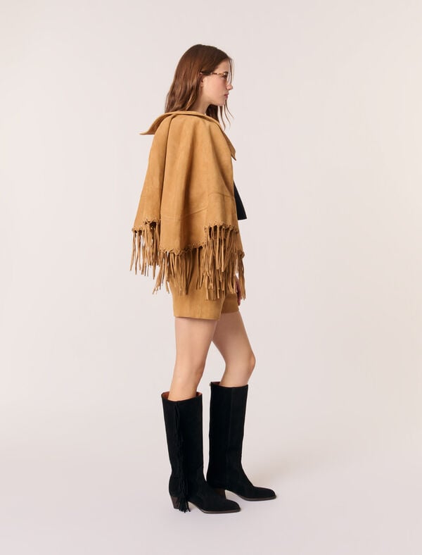 Maje Short à Franges En Nubuck Beige