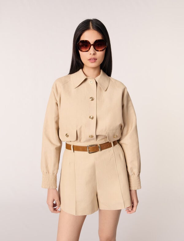 Maje Short à Pinces En Lin Et Coton Beige