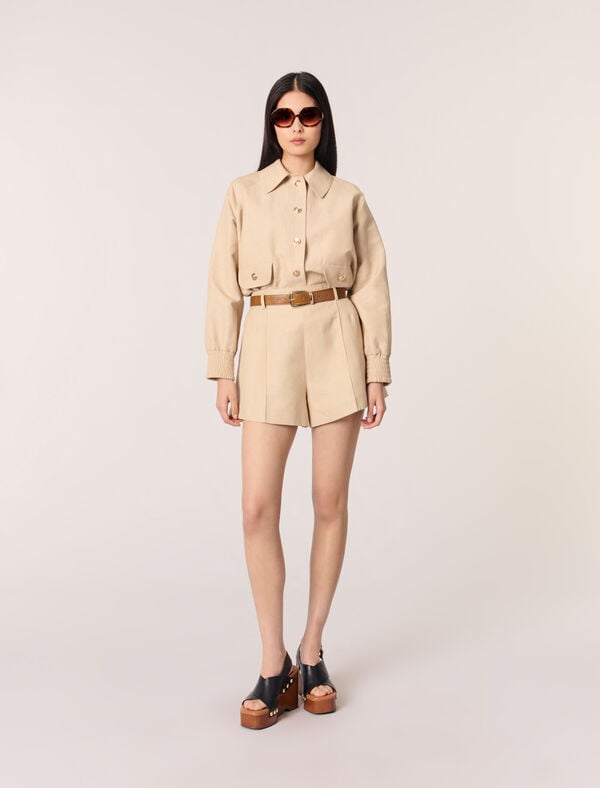 maje Short à pinces en lin et coton Beige