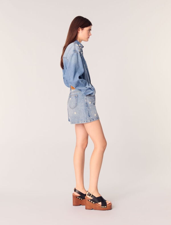 Maje Short En Denim à Perles Brodées Bleu