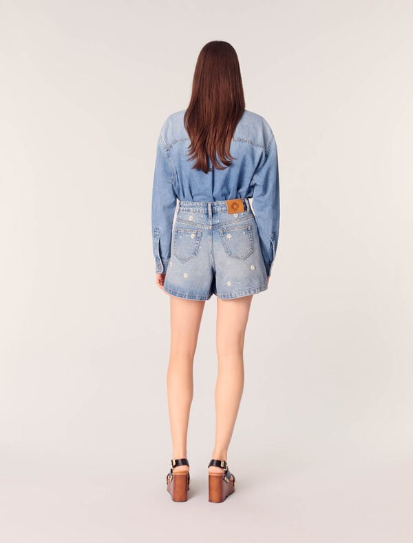 Maje Short En Denim à Perles Brodées Bleu