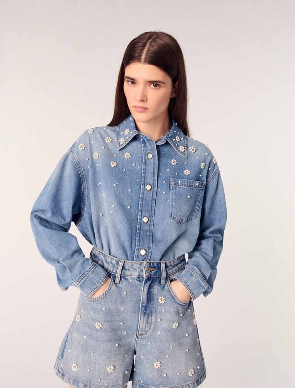 Maje Short En Denim à Perles Brodées Bleu