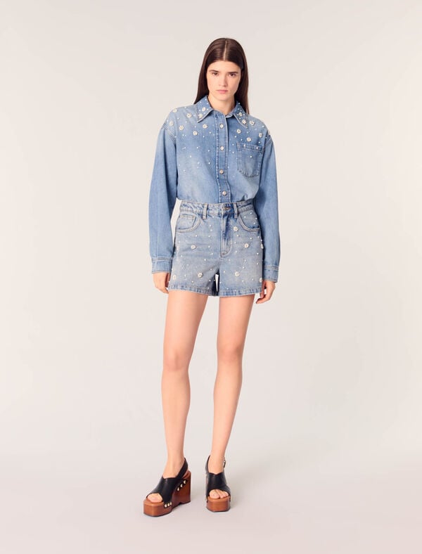 maje Short en denim à perles brodées Bleu