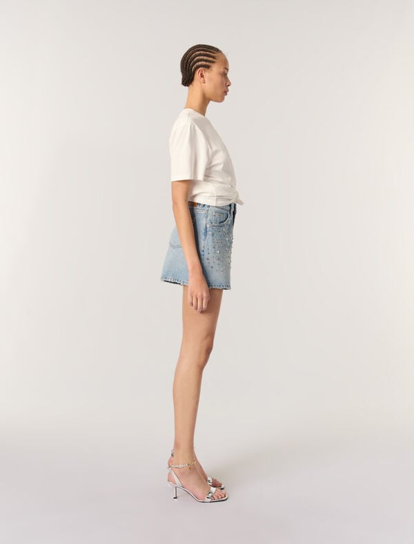 Maje Short En Denim à Studs Bleu