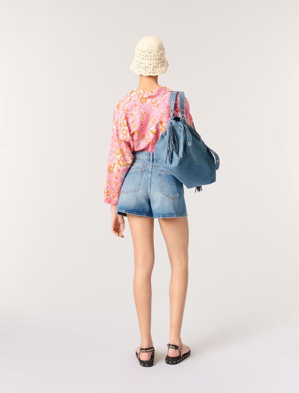 Maje Short En Denim Et Galons Tressés Bleu