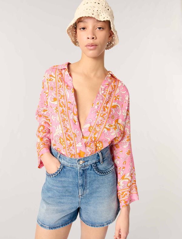 Maje Short En Denim Et Galons Tressés Bleu