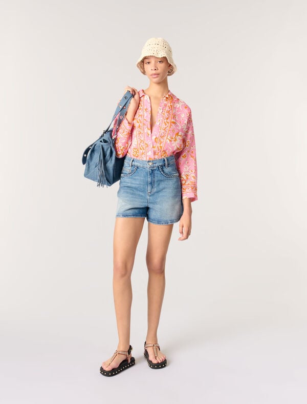 maje Short en denim et galons tressés Bleu