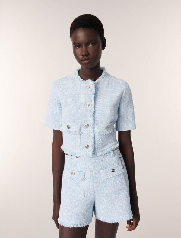 Maje Short En Tweed Avec Ceinture Bleu Ciel