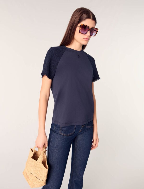Maje Tee-shirt à Manches Tweed Marine