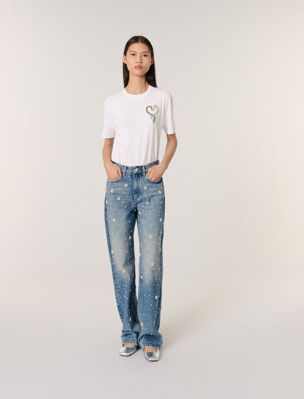 maje Tee-shirt brodé Blanc/Noir