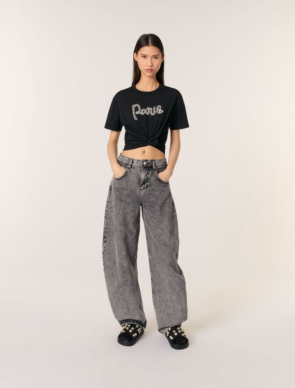 maje Tee-shirt brodé Noir