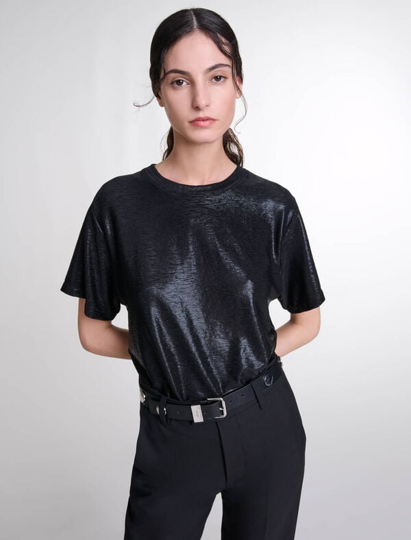 Maje Tee-shirt Lamé Noir/Argent