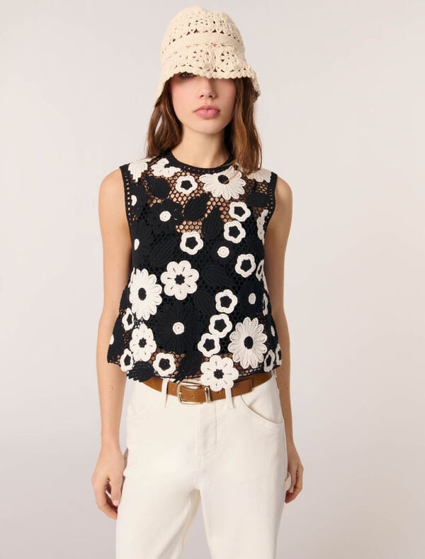 Maje Top En Crochet Floral Noir / Blanc