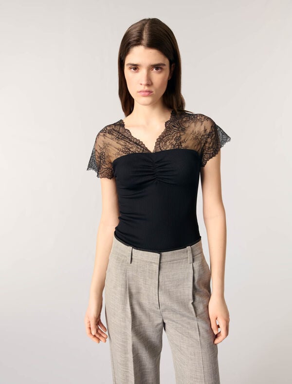 Maje Top En Jersey Incrusté De Dentelle Noir