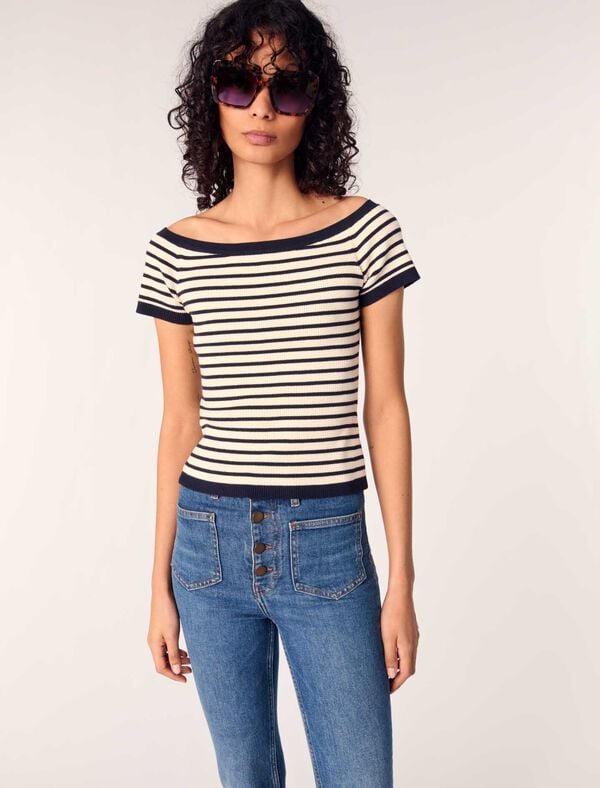 Maje Top En Maille Côtelée Col Bateau Marine / Ecru