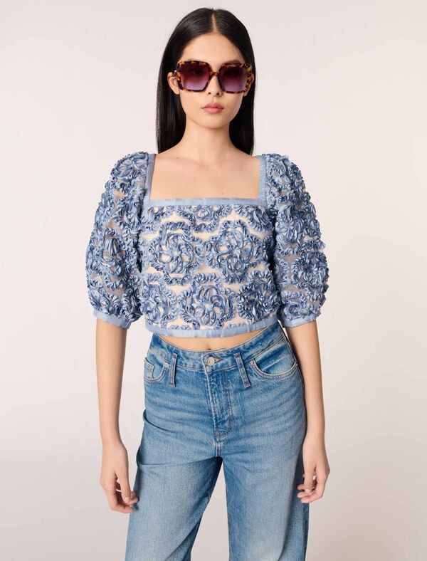 Maje Top En Organza Motif Floral Bleu