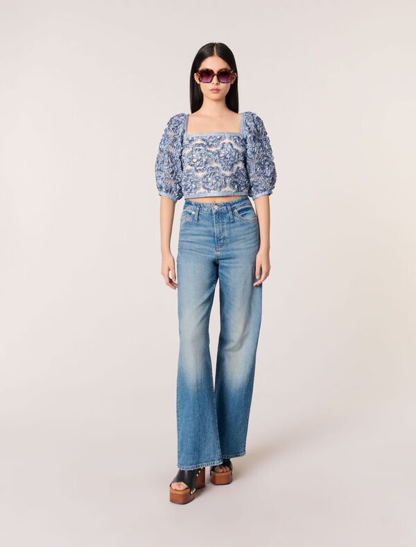 maje Top en organza motif floral Bleu