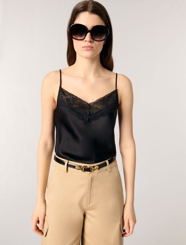 Maje Top En Satin De Soie Et Dentelles Blanc