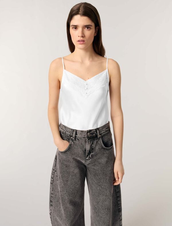 Maje Top En Satin De Soie Et Dentelles Blanc