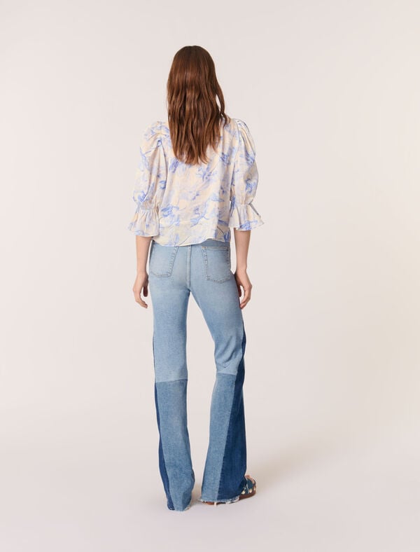 Maje Top Imprimé Imprime Fleur Bleue Fond Ecru