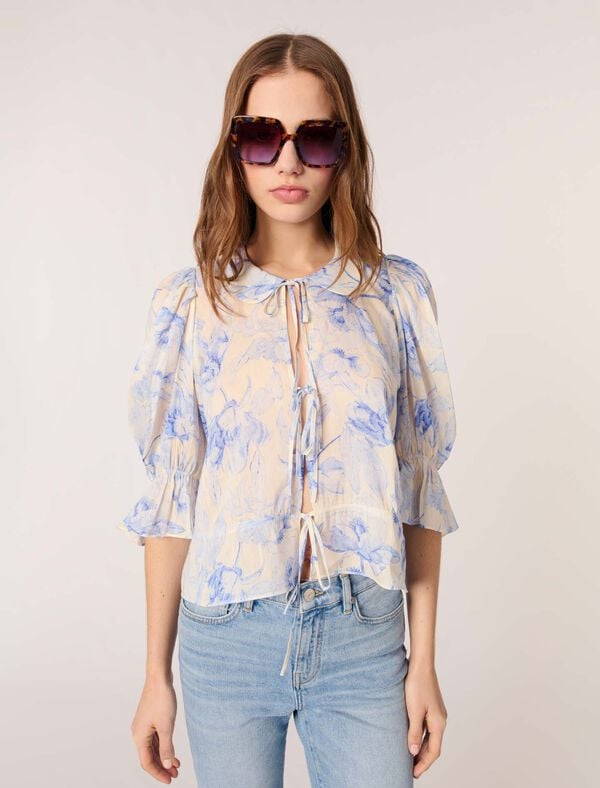 Maje Top Imprimé Imprime Fleur Bleue Fond Ecru