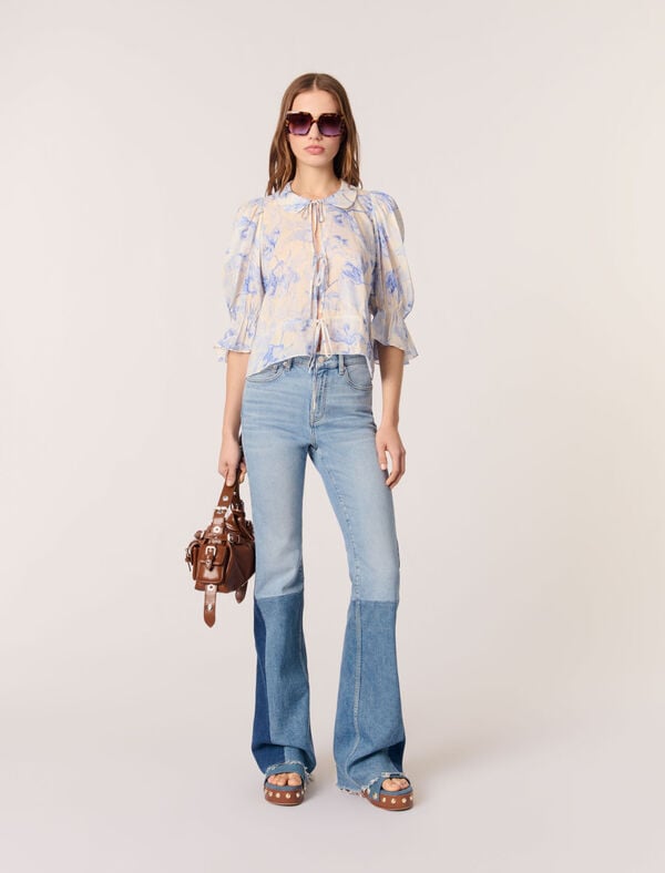 maje Top imprimé Imprime fleur bleue fond ecru