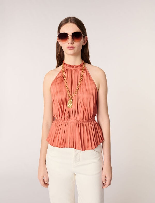 Maje Top Sans Manches Plissé Terracotta