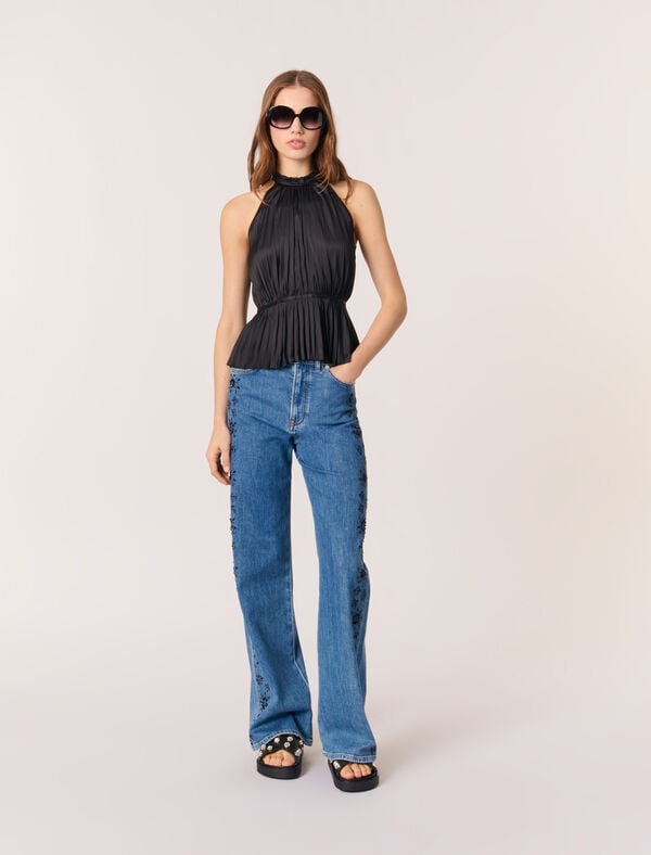 maje Top satiné plissé Noir