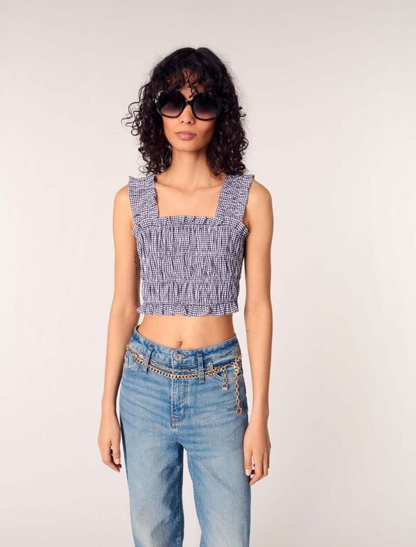 Maje Top Smocké à Motif Vichy Marine/Blanc