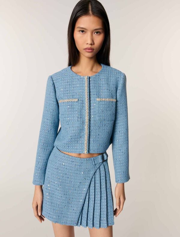 Maje Veste Courte En Tweed à Sequins Bleu