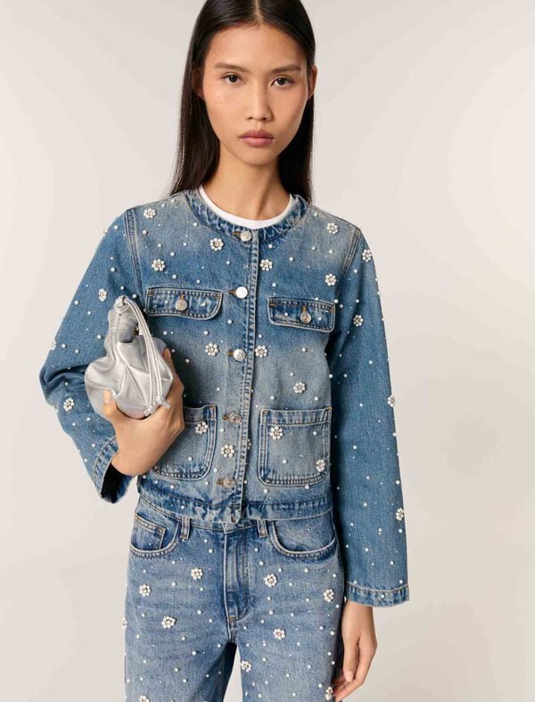 Maje Veste En Denim Brodé Bleu