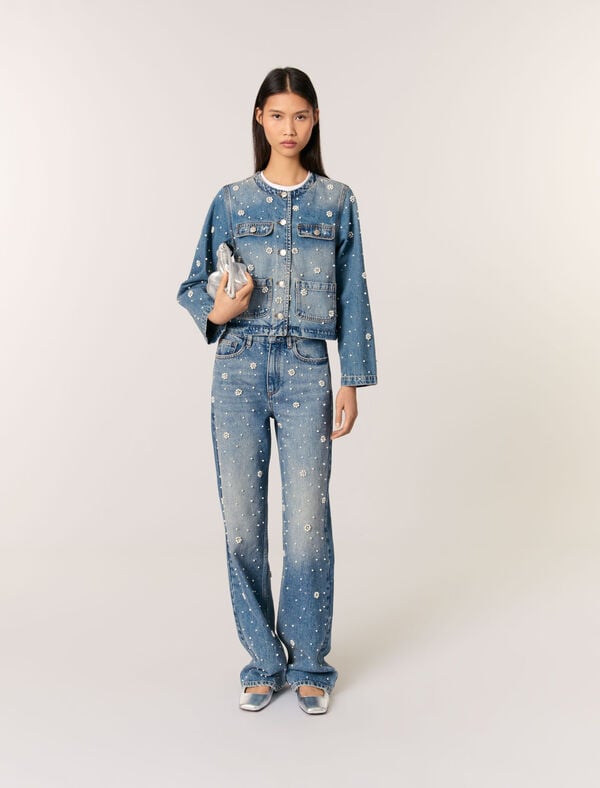 maje Veste en denim brodé Bleu