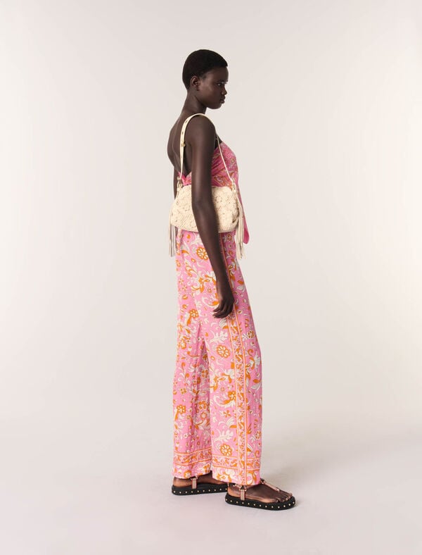 Maje Pantalon En Lin Imprimé Imprime Fleurs Orange Rose