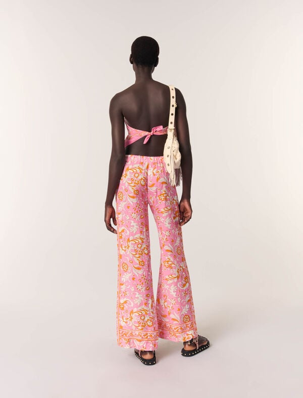 Maje Pantalon En Lin Imprimé Imprime Fleurs Orange Rose