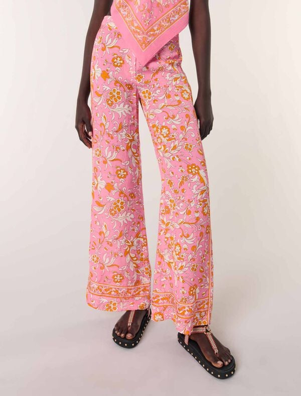 Maje Pantalon En Lin Imprimé Imprime Fleurs Orange Rose