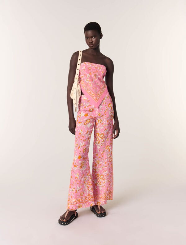 maje Pantalon en lin imprimé Imprime fleurs orange rose