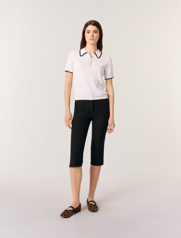 maje Polo en maille pointelle et crochet Blanc/Noir