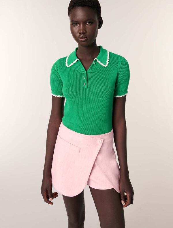 Maje Polo En Maille Pointelle Et Crochet Vert / Blanc