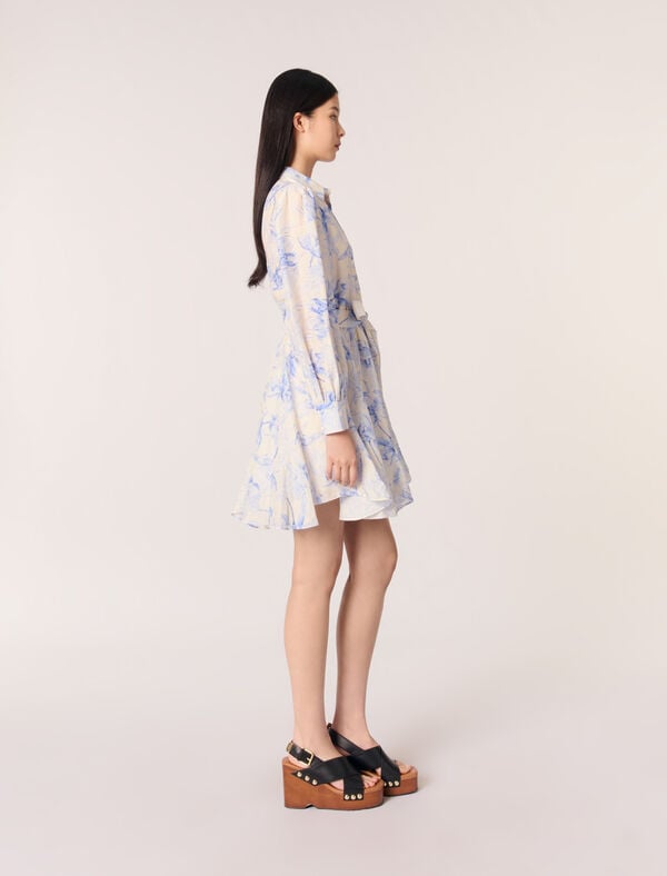 Maje Robe Chemise Imprimée Imprime Fleur Bleue Fond Ecru