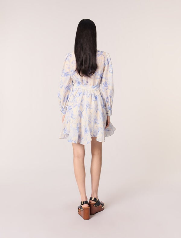 Maje Robe Chemise Imprimée Imprime Fleur Bleue Fond Ecru
