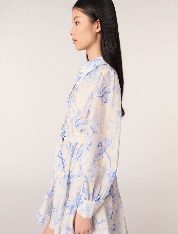Maje Robe Chemise Imprimée Imprime Fleur Bleue Fond Ecru