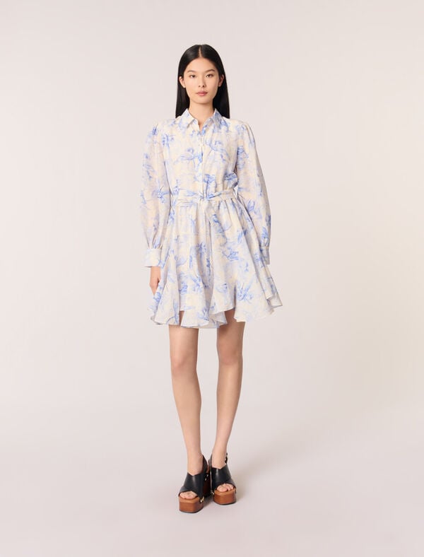 maje Robe chemise imprimée Imprime fleur bleue fond ecru